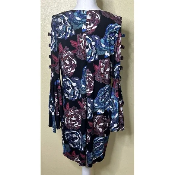 MSK Womens Multicolor Floral Cold Shoulder Bell Sleeve Knee Length Shift Dress L - Picture 5 of 10